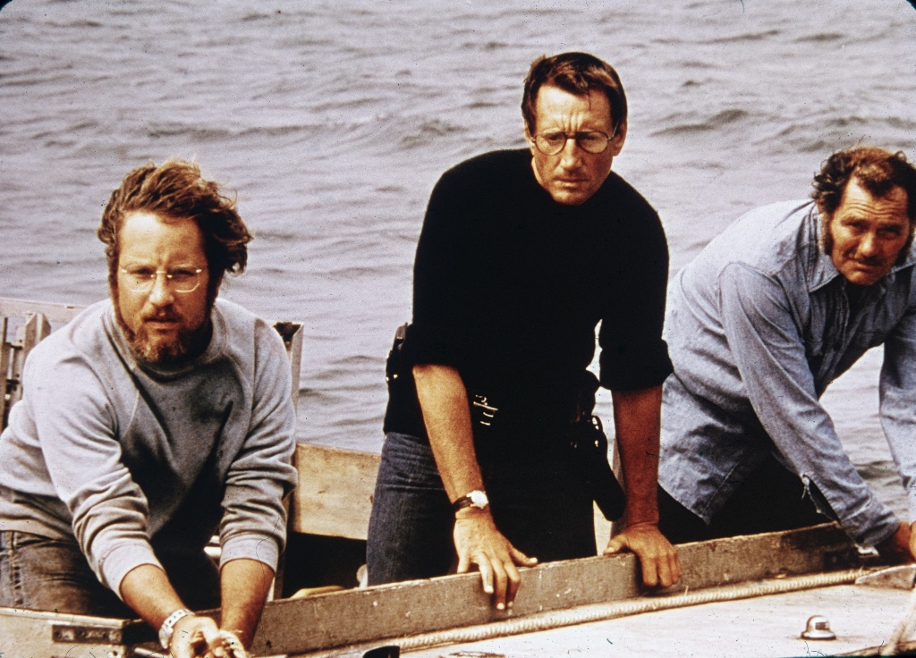 L-R: American actors Richard Dreyfuss, Roy Scheider and Robert Shaw on board a boat in a still from the film, 'Jaws,' directed by Steven Spielberg, 1975. (Photo by Universal Studios/Courtesy of Getty Images)