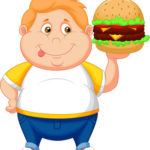 fat boy smiling and ready to eat a big hamburger